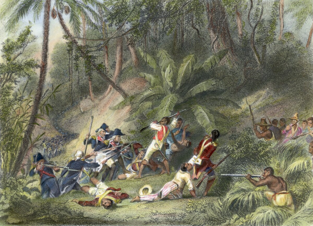 Illusztráció, amely Francois Dominique Toussaint L'Ouverture-t ábrázolja, amint részt vesz a francia hatalom elleni sikeres felkelésben St. Dominique-ban (Haiti). Kézzel színezett metszet.