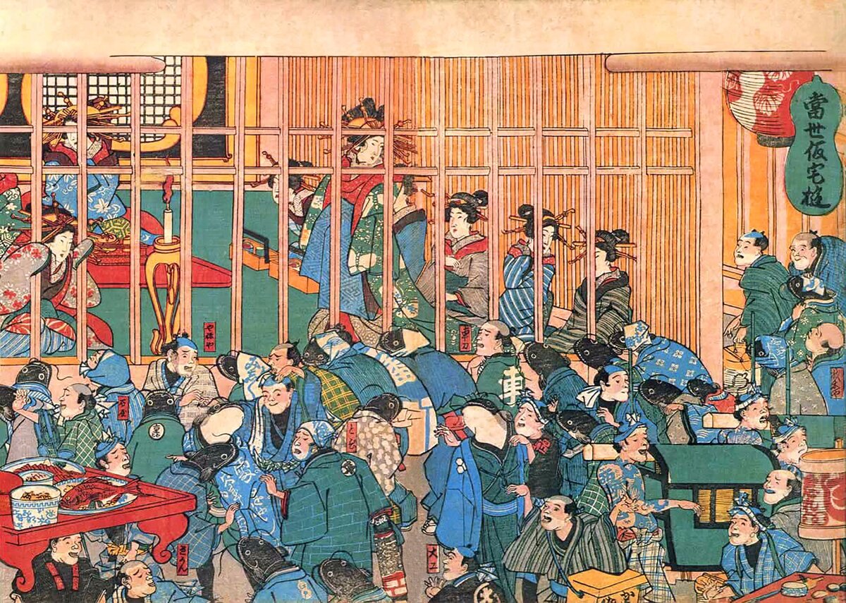Az edoi (ma Tokió) Yoshiwara vöröslámpás negyedben mulatozó újonnan meggazdagodott építőmunkásokat ábrázoló fametszet, 1855-ből.