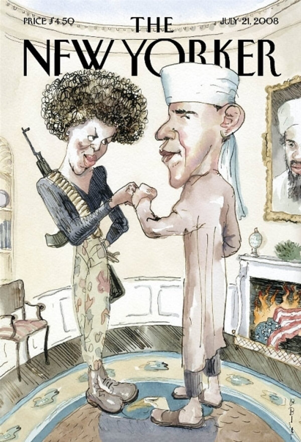 A New Yorker nagy port kavart borítója 2006-ból, amellyel a szerző támogatni szándékozta Obamát, de többek között a későbbi amerikai elnök sem vette jó néven