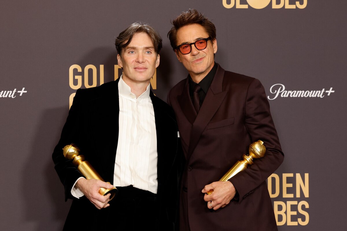Cillian Murphy és Robert Downey Jr., az Oppenheimer legjobb drámai férfi főszereplőként és mellékszereplőként díjazott színészei a 2024-es Golden Globe-gálán