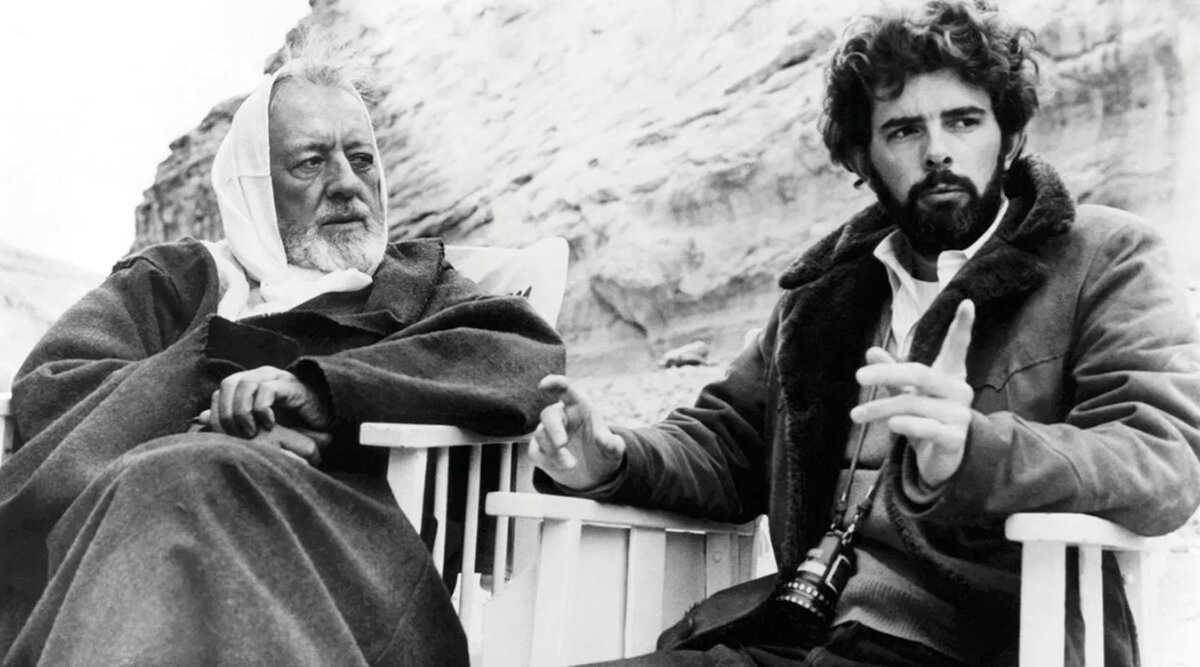 Alec Guinness és George Lucas a Star Wars forgatásán.