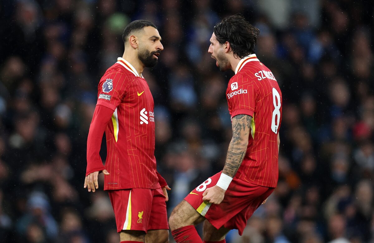 Szaláh és Szoboszlai februárban, a Manchester City elleni győztes meccsükön