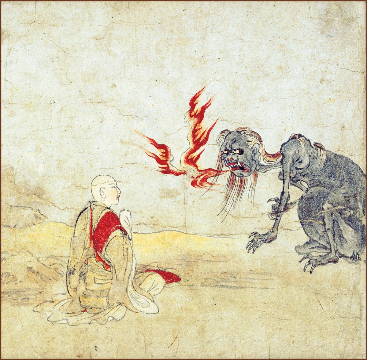 Japán: A kép a Kiotói Szellemek tekercséből származik, amely leírja az éhes szellemek birodalmát és azt, hogyan lehet őket lecsillapítani. A 12. század vége.
Részlet a Kiotói Nemzeti Múzeumban található Éhes szellemek tekercs hatodik részéből. A tekercs az éhes szellemek világát, a buddhizmus hat birodalmának egyikét ábrázolja, és az éhes szellemek megmentéséről szóló történeteket tartalmaz. Ez a különleges rész azt mutatja be, amint Ananda, Shakyamuni tanítványa egy éhes szellemnek, aki folyamatosan lángokat okád a szájából, egy varázsigét tanít a megváltás elérésére. Az egész tekercset Japán nemzeti kincsének nyilvánították a festmények kategóriájában. Valószínűleg egy, a hat birodalmat ábrázoló tekercskészlet része lehetett, amelyet a Szandzs-szang-d_ban őriztek. (Fotó: Pictures From History/Universal Images Group via Getty Images)