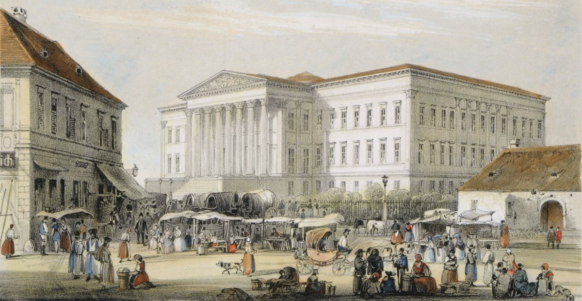 A forradalmi tömeg 1848. március 15-én, a Nemzeti Múzeum előterén.
