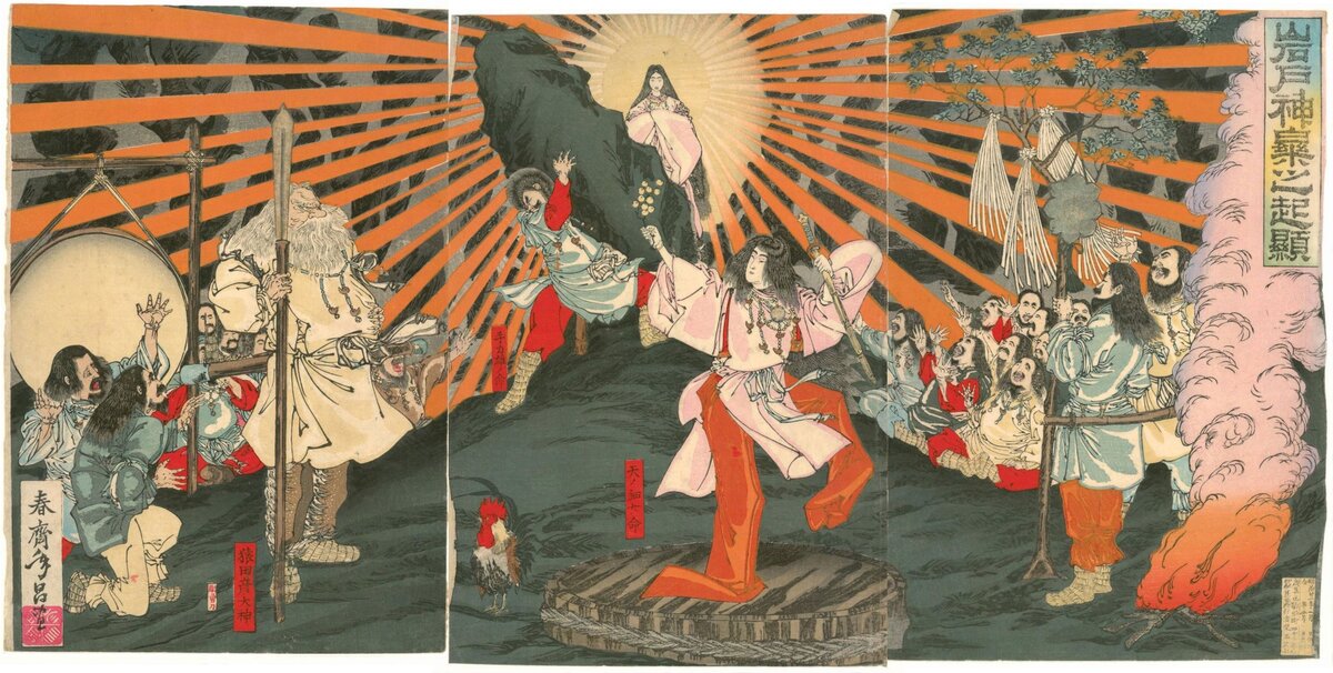 Amaterasu Ōmikami a japán shintō vallás főistene, akiről ugyan a hivatalos Genealógia-Jegyzékében nem tesz említést a japán Császári Háztartási Ügynökség, vagyis a Császári Udvari Hivatal, vagyis a Kunaichō; Conrad Totman-tól azonban tudhatjuk róla, hogy „Yamato urai […] az istennőtől származtatták magukat”, és hogy a legenda szerint az első császár, Jinmu Császár nagymamája is Amaterasu Ōmikami volt.

Születésének különlegessége, hogy a férfi ősisten, Izanagi [伊邪那岐 / 伊弉諾] gyászából született meg, aki a női ősisten, Izanami [伊弉冉尊 / 伊邪那美命] elvesztése felett érzett gyászában hozta e világra a legfontosabb három istenség egyikeként. Izanagi ugyanis leszállt az Alvilágba (Yomi – a halottak sötét földje), hogy visszahozza Izanamit, aminek egyetlen feltétele az volt, hogy Izanami úgy követheti Izanagit az evilágra vezető úton, hogy Izanagi nem fordulhat hátra megnézni szeretett kedvesét. Ezt a tabut azonban Izanagi nem tartotta be, és Izanami porladó testét meglátva elmenekült az Alvilágból, egy követ torlaszolva annak bejáratához. Az Alvilágban tisztátalanná vált Izanagi evilágra érve a Woto folyóban megmosakodott, és a mosakodásából lecseppenő vízből született meg a japán shintō istenvilág három legfontosabb istensége, a Napistennő Amaterasu, a Holdisten Tsukiyomi, [月読み] és a Viharisten Susanō. [須佐之男 / 建速須佐之男命] Amaterasu az Izanagi bal szeméből lecseppenő vízcseppből született meg. Az ő megszületésükkel a shintō vallás kettő meghatározó fogalma is megszületett, vagyis a misogi, [禊] a megtisztulási szertartások, és a kegare, [穢れ / 汚れ] ami a tisztátalanságot jelenti.

Izanagi a három gyermeke közül Amaterasura hagyta a nyakláncát, és felelőssé tette a Magas Égi/Mennyei Síkság, vagyis a Takamagahara / Takama-no-Hara  [高天原] felügyeletére. Mivel minden isten engedelmességgel tartozott a Takamagahara irányába, ez a megbízatás egyet jelentett a főisteni kinevezéssel.